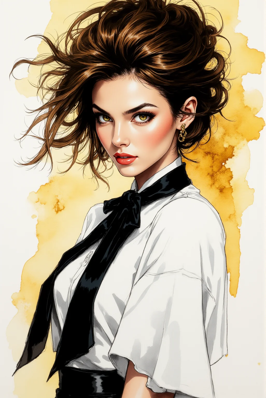 <lora:FFS_v.6:0.9> High-Energy Ink Wash Portrait. A striking woman with wild, voluminous brown waves stands in a dynamic pose, her crisp white blouse billowing as if caught in a gust of wind. A loosely tied black necktie adds a rebellious touch, contrasting sharply against the structured elements of her outfit. Her piercing gaze, framed by long lashes and expressive brows, is intensified by the dramatic splashes of golden ink that radiate from the background like an explosion of energy. The painterly texture, rich in thick brushstrokes and expressive ink splatters, infuses the scene with a sense of movement and raw artistic energy. This image, evocative of high-fashion editorial portraits fused with abstract expressionism, captures a powerful mix of elegance and untamed spirit, making it a visually striking statement of confidence and charisma.