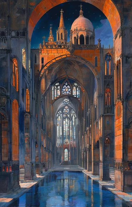 masterpiece,best quality,<lora:tbh306-sdxl:0.9>,illustration,design by Michael Graves, Gothic revival cathedral with intricate spires and stained glass windows, bathed in moonlight