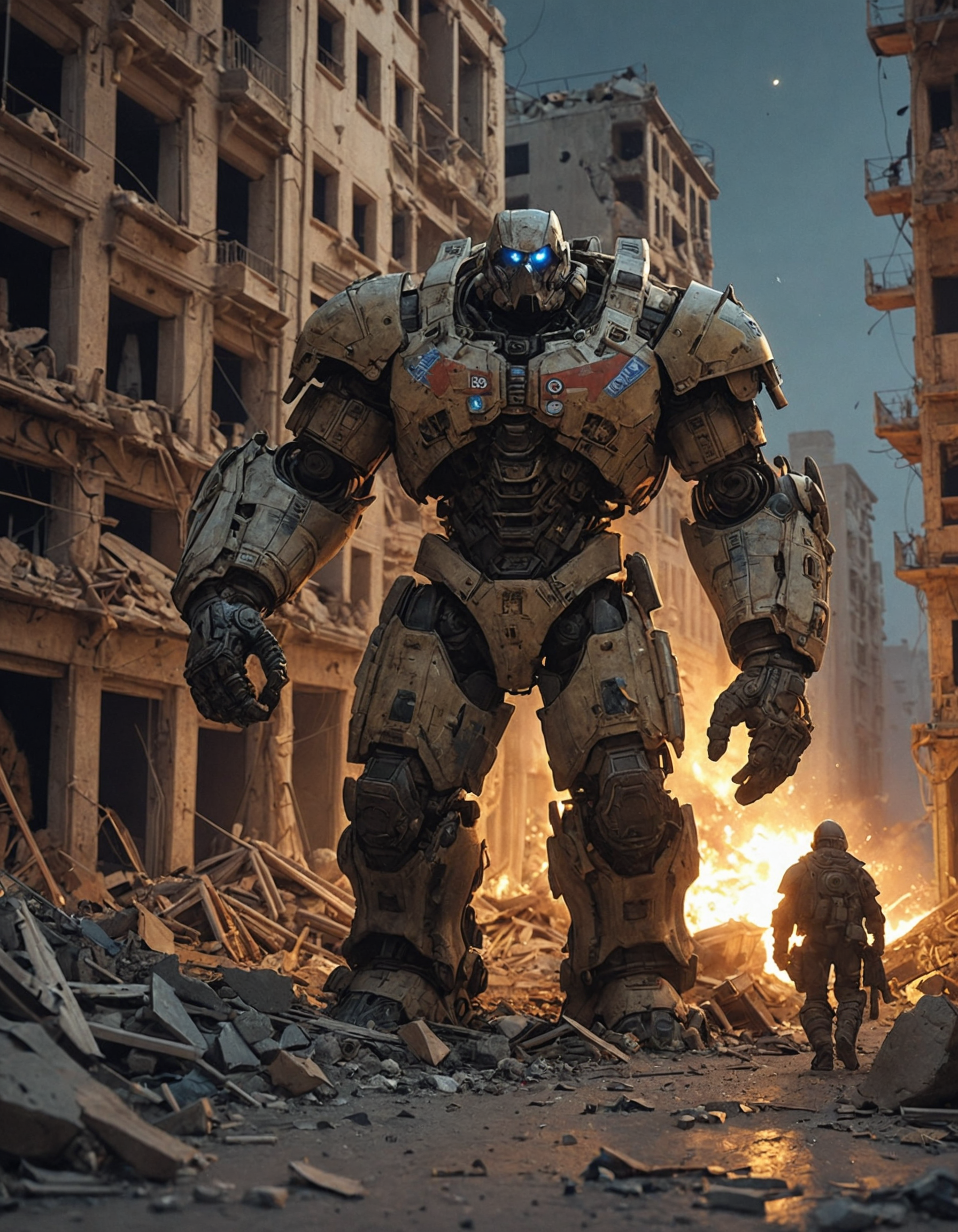 Great titan that emerges from the depths of the earth with an enormous force, destroying everything in its path, a broken toy in his hand, an environment of ruined buildings in the style of the Gulf War, night, destruction, hyperrealistic, hyperdetailed<lora:Sinozick:1> <lora:add-detail-xl:1>