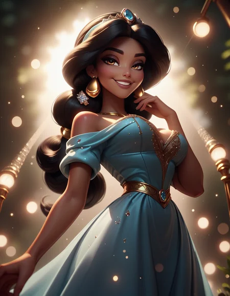 score_9, score_8_up, score_7_up,score_6_up, score_5_up, score_4_up ,1girl, solo,
large breasts,
JasmineDG,
outdoors, light particles, bokeh, dim lighting,
tiara, dark skin,
smile, half closed eyes, from below,
<lora:Jasmine DG PonyXL-000003:1>