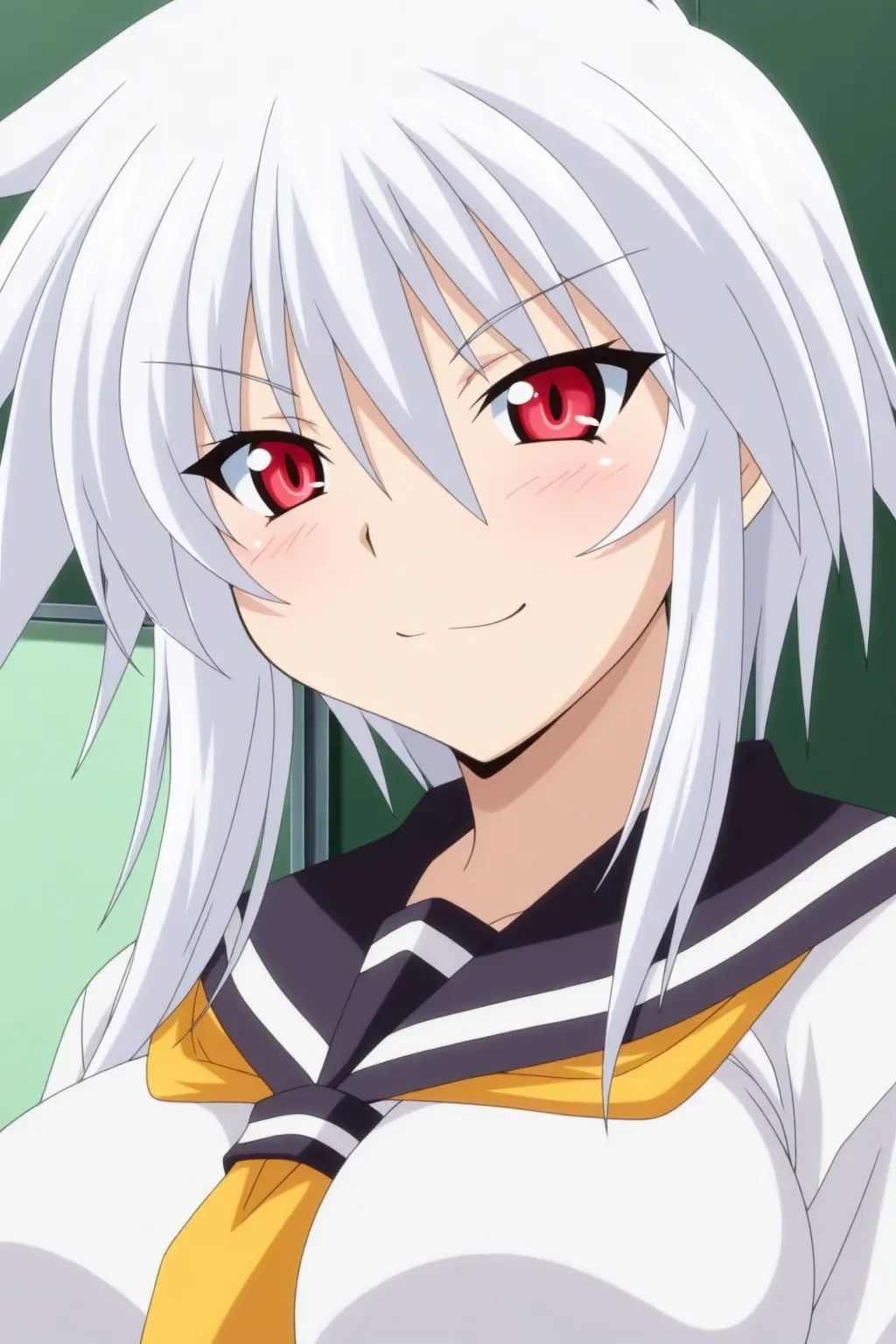 <lora:pugyuru_kanato_ilxl:0.8>masterpiece, best quality, pugyuru_kanato_ilxl, 1girl, solo, red eyes, white hair, upper boy, large breasts, breasts, yellow tie, smile, v- sharp brows, looking at viewer,
serafuku, anime coloring, anime screencap
