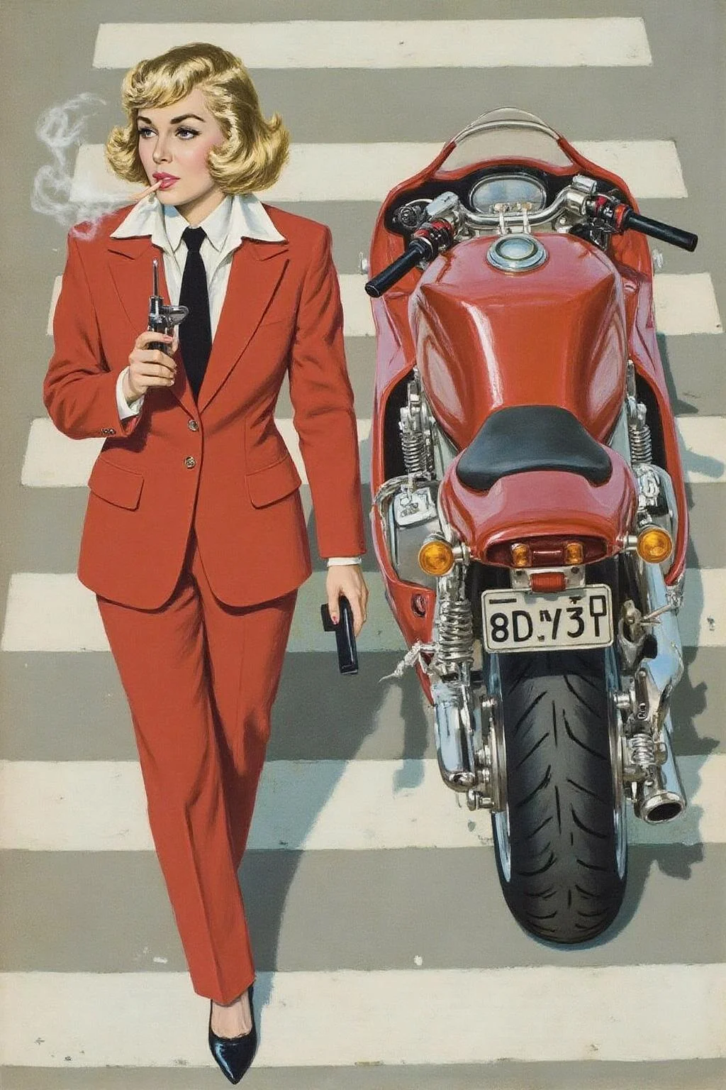 cobyw1 illustration
Overhead shot of an Blonde woman walking away from a futuristic motorcycle parked at a zebra crossing. The woman has bob hair, is smoking. She wear a red business suit, white shirt, black tie. She holds a gun with a confident grip. The motorcycle itself is red, sleek and metallic, with intricate designs and a futuristic vibe
<lora:cobyw1_cap_d6a3e12:1.0><lora:818788120301453250:0>