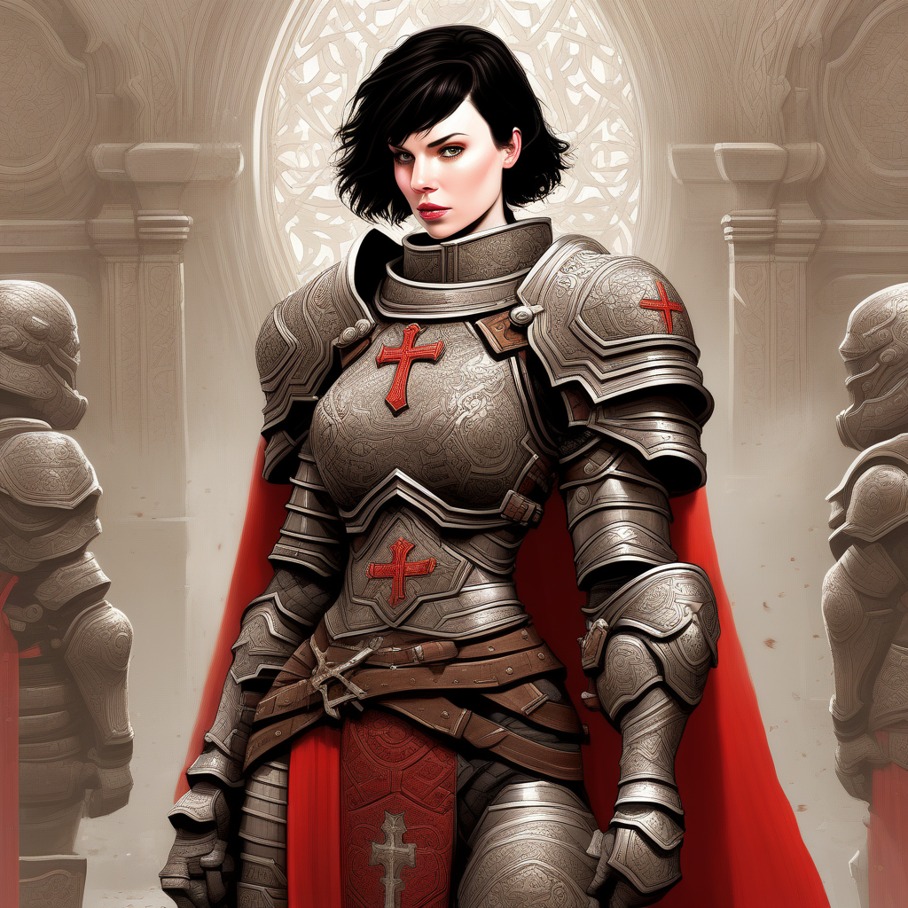 Highly detailed, fantasy-style digital illustration featuring a female warrior. She has pale skin, short black hair, and a stern expression. She is clad in intricate, heavy armor with a mix of metallic and leather elements, predominantly in silver and dark tones. Her armor includes shoulder plates, gauntlets, and a chest piece adorned with ornate designs. She wears a long, flowing red cape that adds a dramatic flair to her appearance. The warrior is holding a massive, ornate sword with a cross-shaped hilt and intricate engravings, resting it on the ground. The background is plain white, emphasizing the character's detailed design and powerful presence.