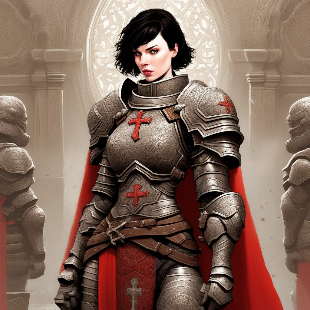 Highly detailed, fantasy-style digital illustration featuring a female warrior. She has pale skin, short black hair, and a stern expression. She is clad in intricate, heavy armor with a mix of metallic and leather elements, predominantly in silver and dark tones. Her armor includes shoulder plates, gauntlets, and a chest piece adorned with ornate designs. She wears a long, flowing red cape that adds a dramatic flair to her appearance. The warrior is holding a massive, ornate sword with a cross-shaped hilt and intricate engravings, resting it on the ground. The background is plain white, emphasizing the character's detailed design and powerful presence.