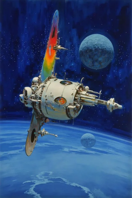 512x352
jober1 illustration.
A large, cylindrical satellite, primarily composed of metallic parts and featuring a sleek, aerodynamic design. The satellite has a colorful, rainbow-colored tail fin, transitioning from red at the top to orange, yellow, green, and blue at the bottom, giving it a vibrant and eye-catching appearance. The satellite is detailed with intricate, mechanical components visible, including large, round windows and various protruding modules. The satellite is above the atmospher of a blue planet. There is a blue moon in the background.
<lora:jober1_cap_d6a3e12:1.0><lora:819114134089154246:0>
