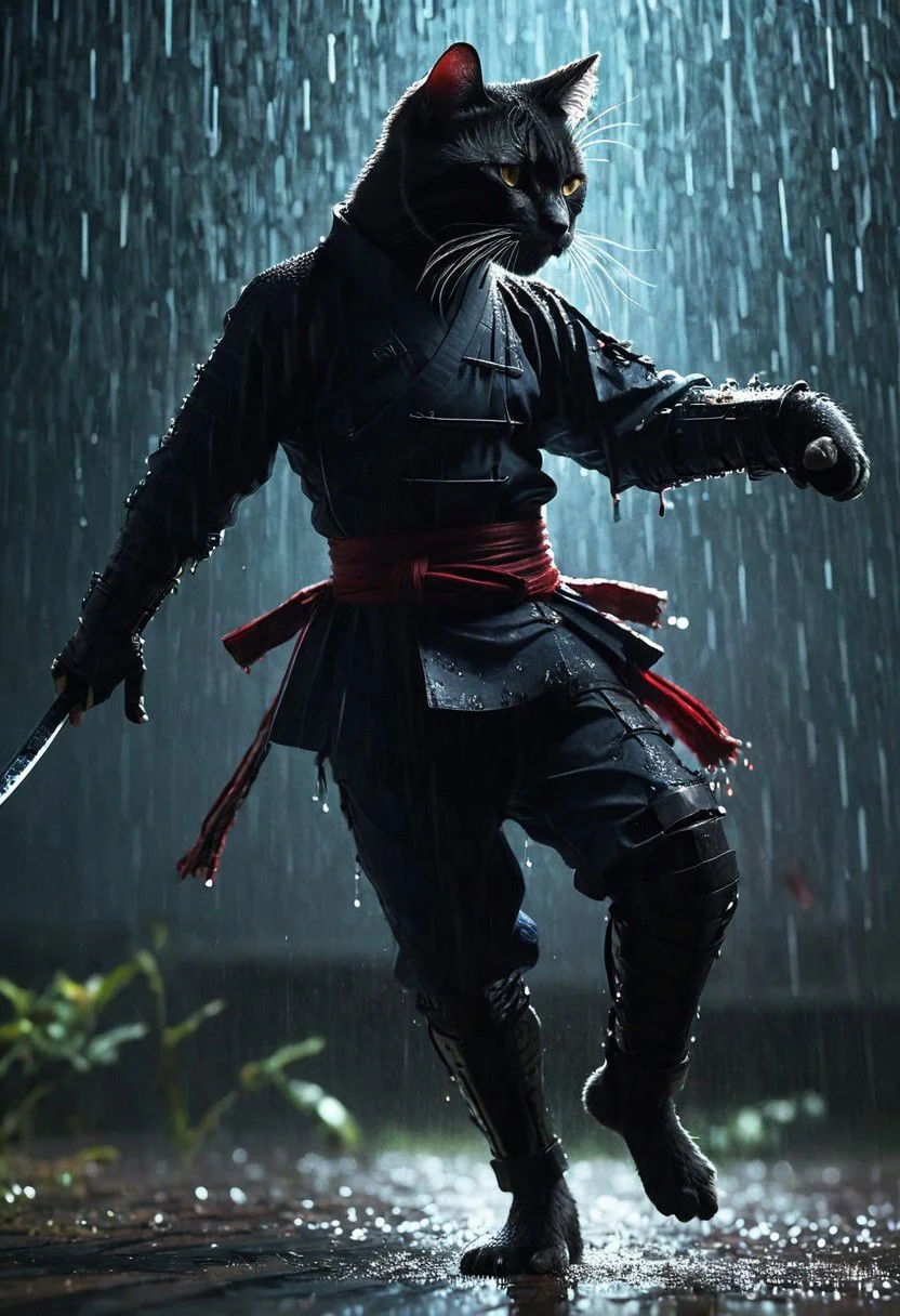 Fight Stance, drunken fist, high kick, a ghst Silhouette of a fluffy feudal armored shinobi cat in the Rain, Blood and water Fluids, proudly amidst a vibrant battlefield. Surround her with dynamic particles of Blood and gore, infront of the chaotic energy of a historical war scene.
very detailed, atmospheric haze, Film grain, cinematic film still, shallow depth of field, highly detailed, high budget, cinemascope, moody, epic, OverallDetail, gorgeous, 2000s vintage RAW photo, photorealistic, candid camera, color graded cinematic, eye catchlights, atmospheric lighting, skin pores, imperfections, natural, shallow dofintricate, elegant, fantasy art, portrait, dark, retro, ecstatic, plain, powerful, realistic, navy blue, dark color