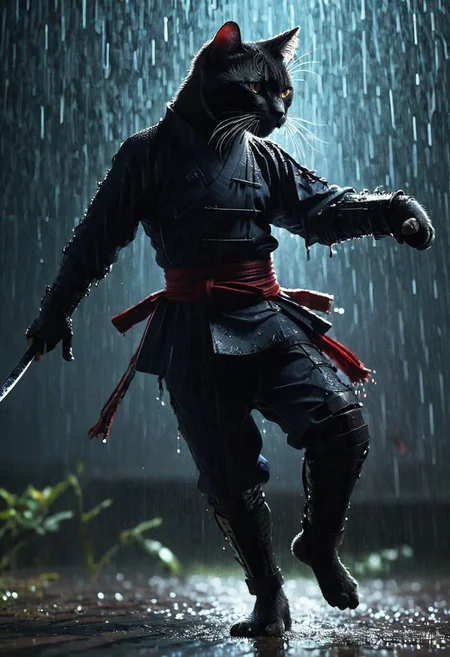 Fight Stance, drunken fist, high kick, a ghst Silhouette of a fluffy feudal armored shinobi cat in the Rain, Blood and water Fluids, proudly amidst a vibrant battlefield. Surround her with dynamic particles of Blood and gore, infront of the chaotic energy of a historical war scene.
very detailed, atmospheric haze, Film grain, cinematic film still, shallow depth of field, highly detailed, high budget, cinemascope, moody, epic, OverallDetail, gorgeous, 2000s vintage RAW photo, photorealistic, candid camera, color graded cinematic, eye catchlights, atmospheric lighting, skin pores, imperfections, natural, shallow dofintricate, elegant, fantasy art, portrait, dark, retro, ecstatic, plain, powerful, realistic, navy blue, dark color