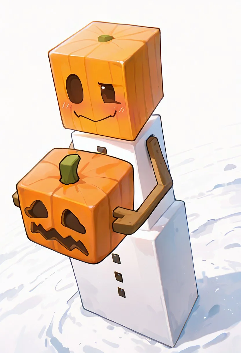 masterpiece, best quality, amazing quality, very aesthetic, absurdres, newest, detailed background, foreground blur,
snowglm, no humans, white body, solo, standing, cube head, cube body, stick hands, brown arms,
white head, smile, uneven eyes,
cartoon, pose, eyes dynamic angle, smile, blushing, holding pumpkin,