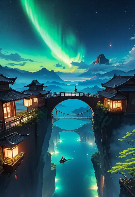 WLOP art style, Ghibli style, outdoors, The island floating in the air, gate, human, bulding night, meteor star aurora , (low light), top-down view, firefly -ar 9:16, high saturation, high contract