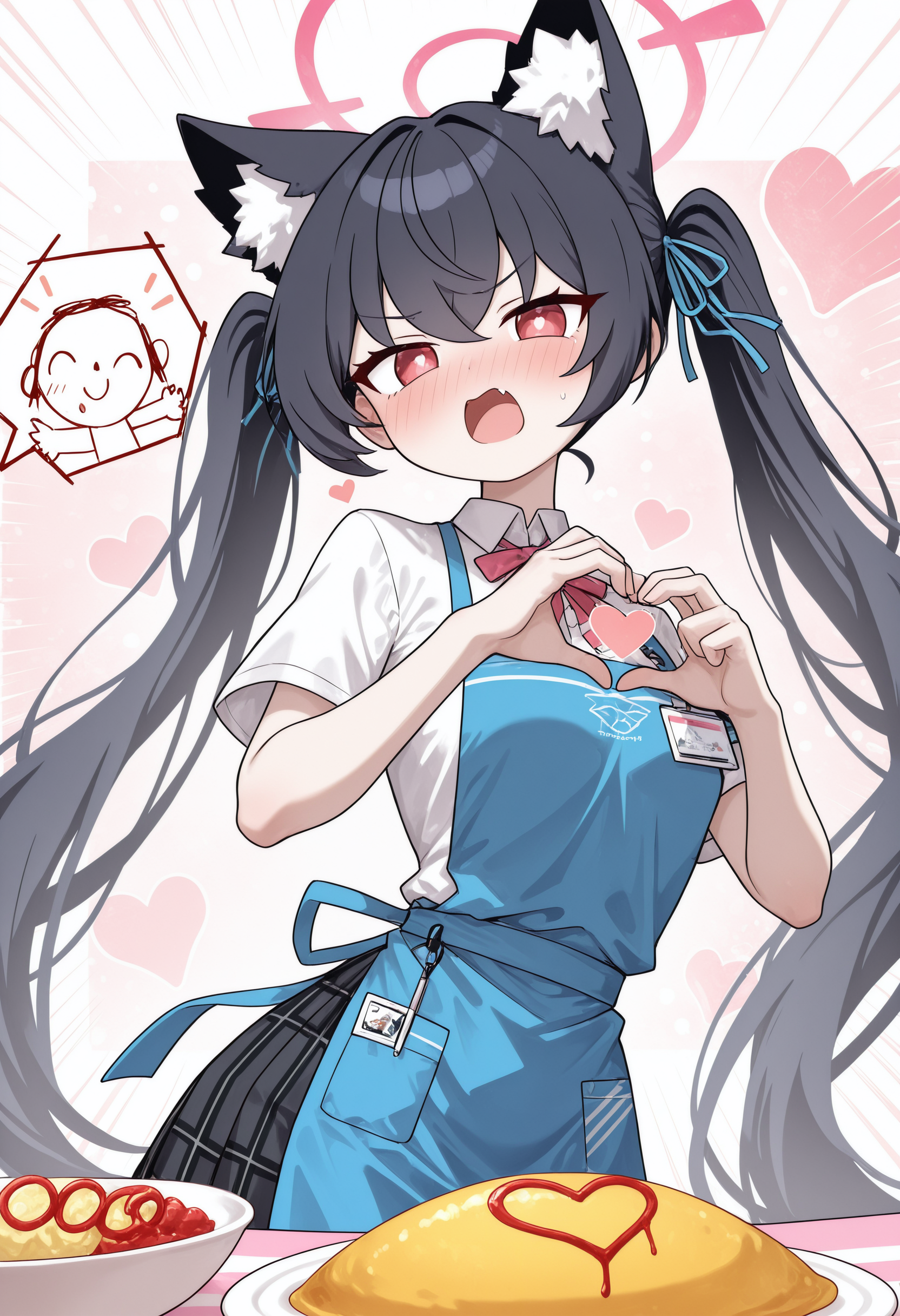 narrow waist,slender,petitesensei \(blue archive\), doodle sensei \(blue archive\), serika \(blue archive\), 1girl, solo, long hair, looking at viewer, blush, open mouth, black hair, red eyes, animal ears, ribbon, very long hair, twintails, short sleeves, heart, food, fang, cat ears, halo, apron, animal ear fluff, v-shaped eyebrows, heart hands, blue apron, omelet, omurice,masterpiece,best quality,newest,absurdres,highres,very awa, <lora:None:1.0> <lora:WOF_å½±ä¹ç¼:0.9500000000000002>