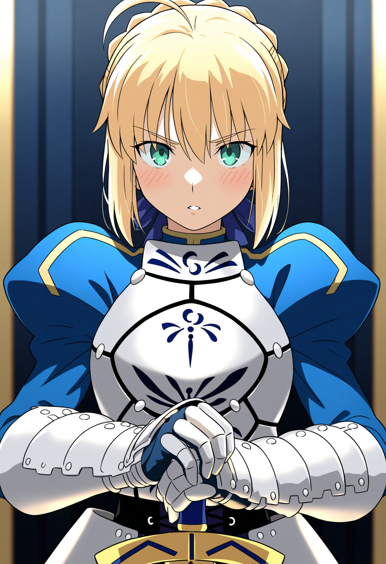 masterpiece,best quality,amazing quality,
1girl, artoria pendragon (fate), saber, solo, armor, blonde hair, ahoge, weapon, excalibur (fate/stay night), sword, green eyes, armored dress, breastplate, looking at viewer, braid, hair ribbon, ribbon, dress, bangs, long sleeves, gauntlets, blue ribbon, holding weapon, blue dress, holding sword, parted lips, puffy sleeves, sidelocks, holding, juliet sleeves, french braid, upper body, blush, hair between eyes,
 <lora:Ketsumoa:1>