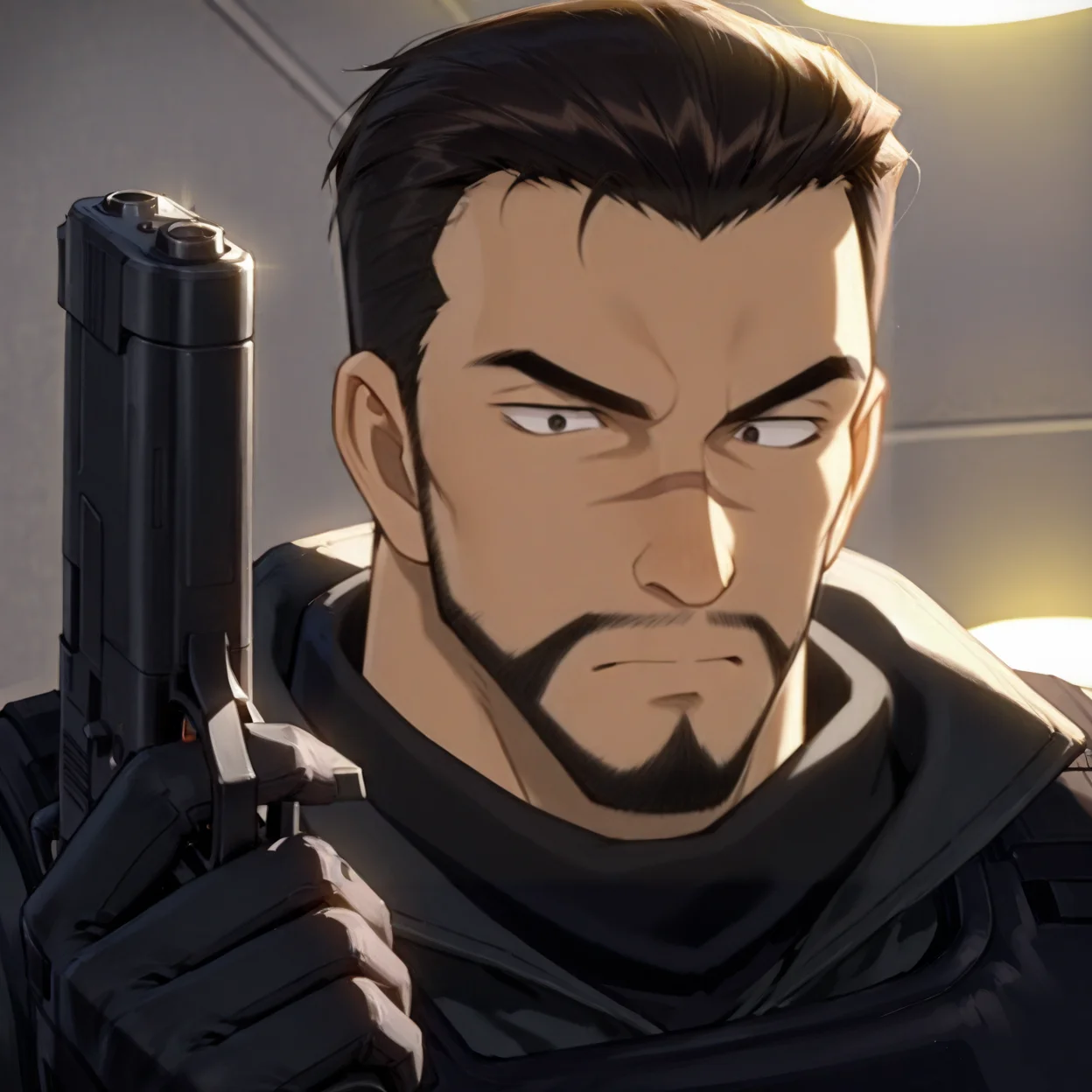 <lora:Red_Siamese_Cats_leader__Detective_Conan:1>, Red Siamese Cats leader, A serious anime-style male character in a tactical black combat uniform, wearing a black bulletproof vest with utility pouches, black gloves, and a communication device on his shoulder. He has short dark hair slicked back, a trimmed beard, and is holding a modern handgun. The setting is a dramatic, cinematic moment with strong lighting and a tense atmosphere
(very short hair, beard, bara, mature, facial hair, stubble, beard, full beard, sideburn, beard, a lot of beard, ), facial hair,male focus, muscular male, muscular male, bara, mature, bara, mature, aixiwuganda_(20222192), very awa, masterpiece, best quality, absurdres, newest, perfect quality, detailed background, intricate details,
<lora:slider_Body Type_alpha1.0_rank4_noxattn_last:3><lora:Anime Summer Days 2 Style SDXL_LoRA_Pony Diffusion V6 XL:.6><lora:slider_cfg_scale_boost:.7><lora:Artist6p:.55>, Artist6p, Artist04p,<lora:slider_il_brightness_slider_d1:-1><lora:slider_il_contrast_slider_d1:-1><lora:slider_DarkSlider1.2_alpha1.0_rank16_full_300steps:-.6>