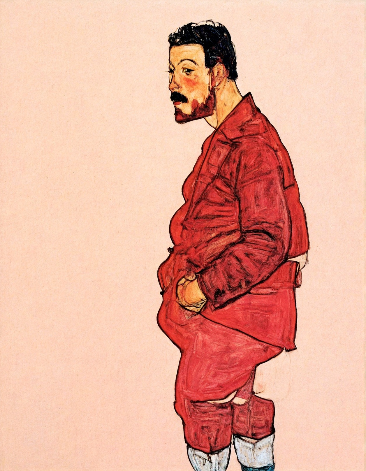 looking at viewer, short hair, simple background, black hair, long sleeves, 1boy, jacket, male focus, socks, pants, from side, profile, facial hair, traditional media, beard, hands in pockets, mustache, painting (medium), watercolor (medium),