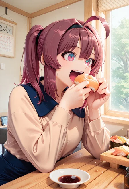 1girl, solo, masterpiece, best quality, newest, absurdres, CG, anime, source anime, illustration, nyalia lora:Someone_Stop_Her_-_Manhwa__Illustrious:1>
BREAK 1girl, solo, Lynn Yu,brown hair, ahoge, black diadem, multicolored eyes, magenta eyes, black eye pupils, twin ponytails
beige shirt, black shirt collar, blue short skirt
dynamic pose, sitting, eating, happy, smiling, upper body, open mouth
indoors, restaurant, indoors, chair, window, japanese restaurant, counter, showcase, omakase, sushi plate, wooden plate, calendar (object) soy sauce, saucer
light particles, cinematic angle, alternate angles, alternate detailed background, beautiful background, (rays light:1.0),(grow:1.0)