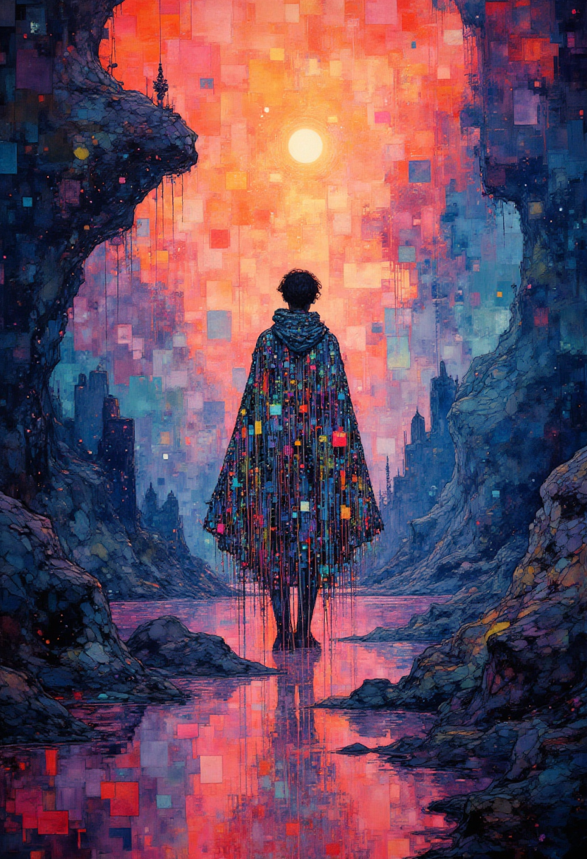 detailed impressionist digital painting  Illustrate an interdimensional traveler with a cloak made of cascading prismatic waterfalls, each droplet reflecting infinite colors. Their presence causes the surrounding reality to warp and explode into surreal, volumetric waves of color. The backdrop is an ever-shifting void of explosive, radiant, chaotic textures that bleed into each other like living, vibrant oil paint.
