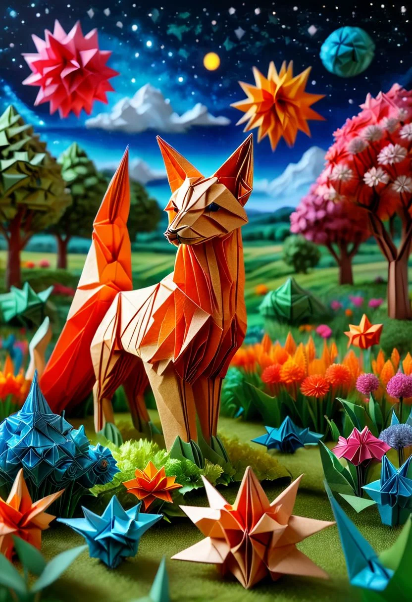 Full body illustration of ultra realistic very detailed cute neon vibrant cinematic scenery.  Very detailed dreamy cosmic sky, a very realistic very detailed colorful field of flowers in a realistic very detailed meadow, realistic very detailed origami trees, realistic very detailed origami bushes, highest contrast, masterpiece, 32k, high contrast, vibrant colors, vivid colors, high resolution textures, crisp colors, ultra sharp, sharp focus,