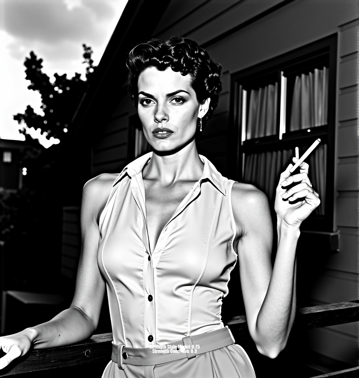 A high-contrast black and white photograph, inspired by Helmut Newton and Peter Lindbergh. A glamorous woman with short, curly hair, wearing a partially unbuttoned sheer button-down shirt tucked into high-waisted trousers. She leans against a railing, cigarette in hand, against a backdrop of cloudy skies, architectural details, and foliage. Shot from a slightly low angle with strong chiaroscuro lighting, creating deep shadows and a dramatic mood. Sharp focus on the foreground with a shallow depth of field. Evoke a timeless, sophisticated aesthetic, reminiscent of classic Hollywood glamour meets raw, unfiltered emotion. Limited grayscale palette, emphasizing texture and form, with a touch of Anton Corbijn's starkness and mood.<lora:_Flux\_Photographer\Helmut_Newton-000001.safetensors:0.8000000000000002:0.8000000000000002>