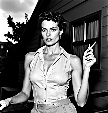 A high-contrast black and white photograph, inspired by Helmut Newton and Peter Lindbergh. A glamorous woman with short, curly hair, wearing a partially unbuttoned sheer button-down shirt tucked into high-waisted trousers. She leans against a railing, cigarette in hand, against a backdrop of cloudy skies, architectural details, and foliage. Shot from a slightly low angle with strong chiaroscuro lighting, creating deep shadows and a dramatic mood. Sharp focus on the foreground with a shallow depth of field. Evoke a timeless, sophisticated aesthetic, reminiscent of classic Hollywood glamour meets raw, unfiltered emotion. Limited grayscale palette, emphasizing texture and form, with a touch of Anton Corbijn's starkness and mood.<lora:_Flux\_Photographer\Helmut_Newton-000001.safetensors:0.8000000000000002:0.8000000000000002>