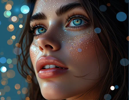 . An extreme close-up of a womanâs lips dusted with glitter, surrounded by floating particles, with a surreal galaxy sky reflected in her eyes., <lora:bv-close-up-enhancer.safetensors:1.0:1.0>