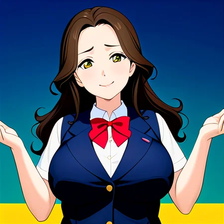 anime, best quality, (masterpiece:1.4), (high quality:1.4), sharp focus, 4k, absurd resolution, detailed hands, curly hair, long hair, (black hair:1.6), 1girl, mature female, smug, (parted hair:1.7), (round face), (no_bangs:1.3), (no_fringe:1.6), <lora:ETO_OC_XL:0.7>, looking at viewer, (thick eyebrows), sundress, (plump:0.8), round-chin, (greenish brown eyes), (brownish green eyes), big breasts, caucasian, down-turned eyes, blush, 1girl, forehead, <lora:printemps lovelive XL:0.8> winter uniform, blue blazer, summer uniform, yellow vest, casual,