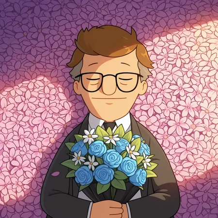 ((masterpiece, amazing_quality, colorful, detailed background, vibrant, very aesthetic, luminous lighting)), (toon \(style\):0.4), <lora:bb-mort-09:1> bb-mort, (chubby:0.5), 1boy, lying, holding bouquet, flowers, dappled sunlight, falling petals, closed eyes, glasses, formal, straight-on, from above, upper body, funeral,