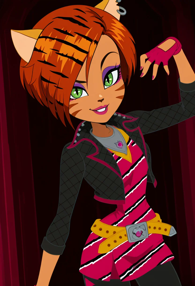 masterpiece, best quality, solo, curvy, beautiful eyes, narrow waist, wide hips, 1girl, solo, smile, looking at viewer, foreshortening, close up, anime screenshot, ,<lora:ToraleiMH_IXL:1.0>, zzToralei, green eyes, cat ears, tiger ears, hair over one eye, brown hair, multicolored hair, orange hair, red hair, short hair, whisker markings, facial mark, makeup, gloves, jewelry, jacket, fingerless gloves, piercing, earrings, animal print, ear piercing, pink dress, black pants, C0utur3Cr4z3, <lora:CoutureCraze_IXL:0.5>,squatting, dynamic pose, cowboy shot, playful expression, looking at viewer,