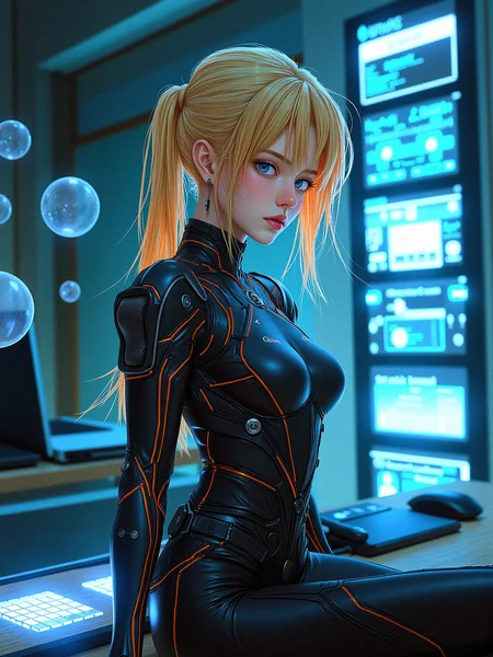 safe for work anime artwork and fantasy art of a female hacker in a cybernetic network hub, surrounded by advanced computer systems and holographic data streams. She is wearing a sleek, alloy plating cybernetic suit embedded with cybernetic enhancements, and her blonde hair is partially illuminated by the various screens and floating holograms. She is seated casually, her posture relaxed yet alert, with her fingers poised above a virtual keyboard projected in front of her. The environment should feel futuristic and dense with digital information, with glowing data cables and interfaces interweaving throughout the space. Highlight the contrast between her calm demeanor and the complexity of the cybernetic hub.
a subtle, integrated communication system in her head or neck, with tiny speakers and microphones for direct interaction.a form-fitting, adaptive fabric bodysuit that covers parts of her body, adjusting its texture and rigidity based on her needs.Introduce subtle, bioluminescent vein-like structures that run through her mechanical components, pulsing gently with a soft glow.Integrate glowing, circuitry-like patterns onto her metallic parts, that light up and pulse.
Sitting back with her arms folded across her chest, her head tilted slightly to one side, and a contemplative look on her face.