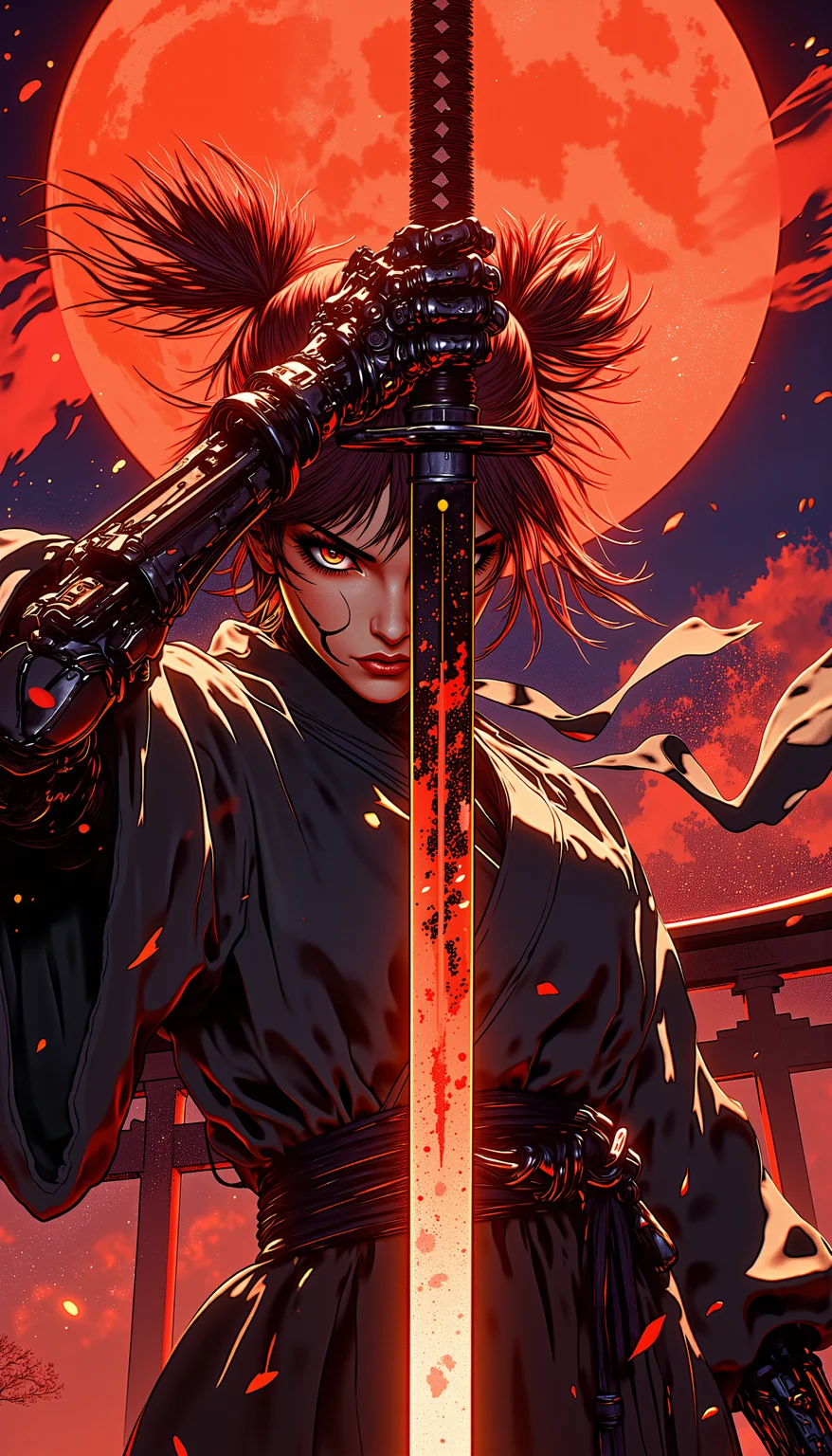 An overhead close-up shot captures the cyborg warrior as she lifts her katana high above her head, the blade dominating the frame and glowing with the crimson light of the red moon. The focus shifts from the sharp edge of the katana to her mechanical jaw and intense eyes beneath her short, double pom-pom hair. Her baggy kimono and flowing scarf add intricate textures to the scene as they ripple in the wind. In the background, blurred out, two mountains and a giant torii gate loom under the red moonlight, with volumetric fog and cyan-red lights creating an otherworldly ambiance
retro cyberpunk anime,
<lora:FluxFantasyWarriorsJapan:0.9>, hkwarrior,
<lora:ImageUpgraderV2:0.5> , detailmaximizer
<lora:RetroAnimeFluxV1:1>
<lora:aidmaGLOWV4wc:0.4> , aidmaGlow,