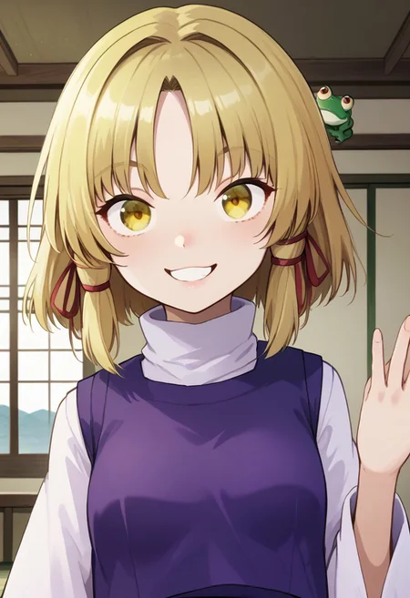 1girl, moriya suwako, 
yellow eyes, blonde hair, short hair, sidelocks, 
hair ribbon, white shirt, long sleeves, 
wide sleeves, turtleneck, 
purple vest, frog vest, 
bangs, 
(thick eyebrows:0.7), 
lip, 
small breasts, 
upper body, 
smile, 
indoors,