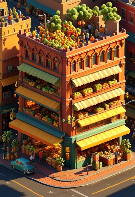 ispzxll, diorama, isometric, miniature, futuristic busy street corner market scene, golden hour, long shadows, volumetric lighting style, pedestrian crowds, fruit stands, parked cars, traffic light, storefronts, taxi cab, trash can, epic architecture, intricate details, potted plants, ultra-detailed, 8k, fluffy clouds