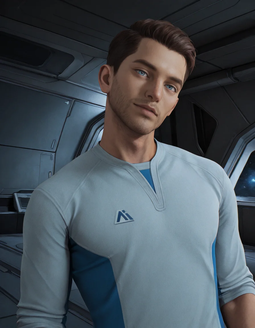 masterpiece, best quality, absurdres, newest, perfect quality, best quality, absolutely eye-catching, detailed background, intricate details, male focus, solo, realistic, <lora:Mass Effect Andromeda - Scott Ryder - Illustrious-000010:0.6>, s_ryder, 1boy, brown hair, light blue eyes, stubble, white two-tone shirt, sleeves rolled up, spacecraft interior, space, contrapposto, looking at viewer, portrait, head tilt, flirty