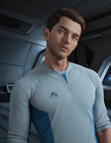 masterpiece, best quality, absurdres, newest, perfect quality, best quality, absolutely eye-catching, detailed background, intricate details, male focus, solo, realistic, <lora:Mass Effect Andromeda - Scott Ryder - Illustrious-000010:0.6>, s_ryder, 1boy, brown hair, light blue eyes, stubble, white two-tone shirt, sleeves rolled up, spacecraft interior, space, contrapposto, looking at viewer, portrait, head tilt, flirty