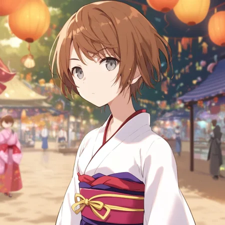 anime coloring, score_9, score_8_up, score_7_up, score_6_up, kinuhata saiai, toaru, 1girl, solo, brown hair, short hair, x3, kimono, obi, sash, at the amusement park, festival background, stalls, shinto, looking at viewer, gray eyes, white shirt, upper body