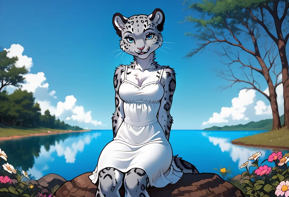 score_9, score_8_up, score_7_up, Furry female, Snow Leopard girl, Cute, Sexy, Petite, kawaii, 1girl, solo, looking at viewer, female focus, beautiful face, female, furry female, , furry snow_leopard, anthro snow_leopard, blue eyes, bald, whiskers, gray fur , sfw,
snow_leopard fur, fluffy tail, , snow_leopard tail, , Beautiful Eyes, , , Fluffy fur, fuzzy fur, Soft Fur, bald, , messy fur, cute face, bald female, white dress, straw hat, picninc blanket, white dress, female , <lora:BlueFox Mix V6.5 VENISON 2>, meadow, floweres, summer, lake, mounteins, sunny weather, blue sky, flowers, trees, meadow, rock, female sitting , happy female, joyful, , sfw,
