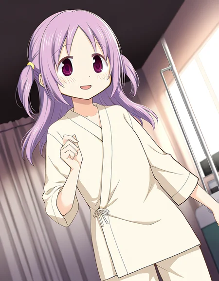 masterpiece, best quality, newest, absurdres, highres, safe, 1girl, misono karin \(hospitalized costume\), magia record: mahou shoujo madoka magica gaiden, beige hospitalized costume, beige pants, solo, hospital, dutch angle, <lora:misono_karin_noobaiXLNAIXL_vPred10Version:0.7>