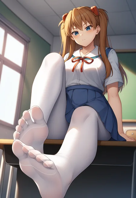 score_9, score_8_up, score_7_up, score_6_up, score_5_up, score_4_up, BREAK, source_anime,
1girl, shirogane, souryuu asuka langley, brown hair, long hair, bangs, freckles, blue eyes,
red ribbon, short sleeves, blue suspender skirt, white shirt, tokyo-3 middle school uniform, white pantyhose,
toes, indoors, classroom, looking at viewer, view from below, foot focus, [refraction|caustics|rim lights|backlighting|bloom] <lora:ShiroganeXL:1>