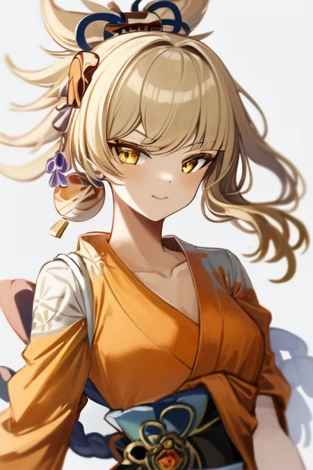 <lora:Style SilenceGirl V2:0.8>

upper body digital painting, masterpiece, best quality, blonde hair, 1girl, solo, orange kimono, stunningly attractive, looking at viewer, (smug:0.9), friendly, playful, (cute:1.2)

 <lora:Character Yoimiya hardpruned:1> yoimiya \(genshin impact\),