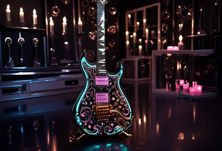 RAW photo of a very detailed reflective guitar with whimsical elements, completely dark studio, full of mirrors and few candles, magical glowing guitar,( the room is dark:2), only light of source is coming from the guitar, cyan and pink neon, strong highlights, complimentary colors, reflective enviroment, spot lights, futuristic style, 90% black and 10% gold colors, big white diamonds on the guitar, strong depth of field, darkness, dramatic light, dusty black theme, intricate details, ultra sharp, exquisite detail, flawless composition, vivid colors, masterpiece, exciting background, timeless elegant and Exquisite