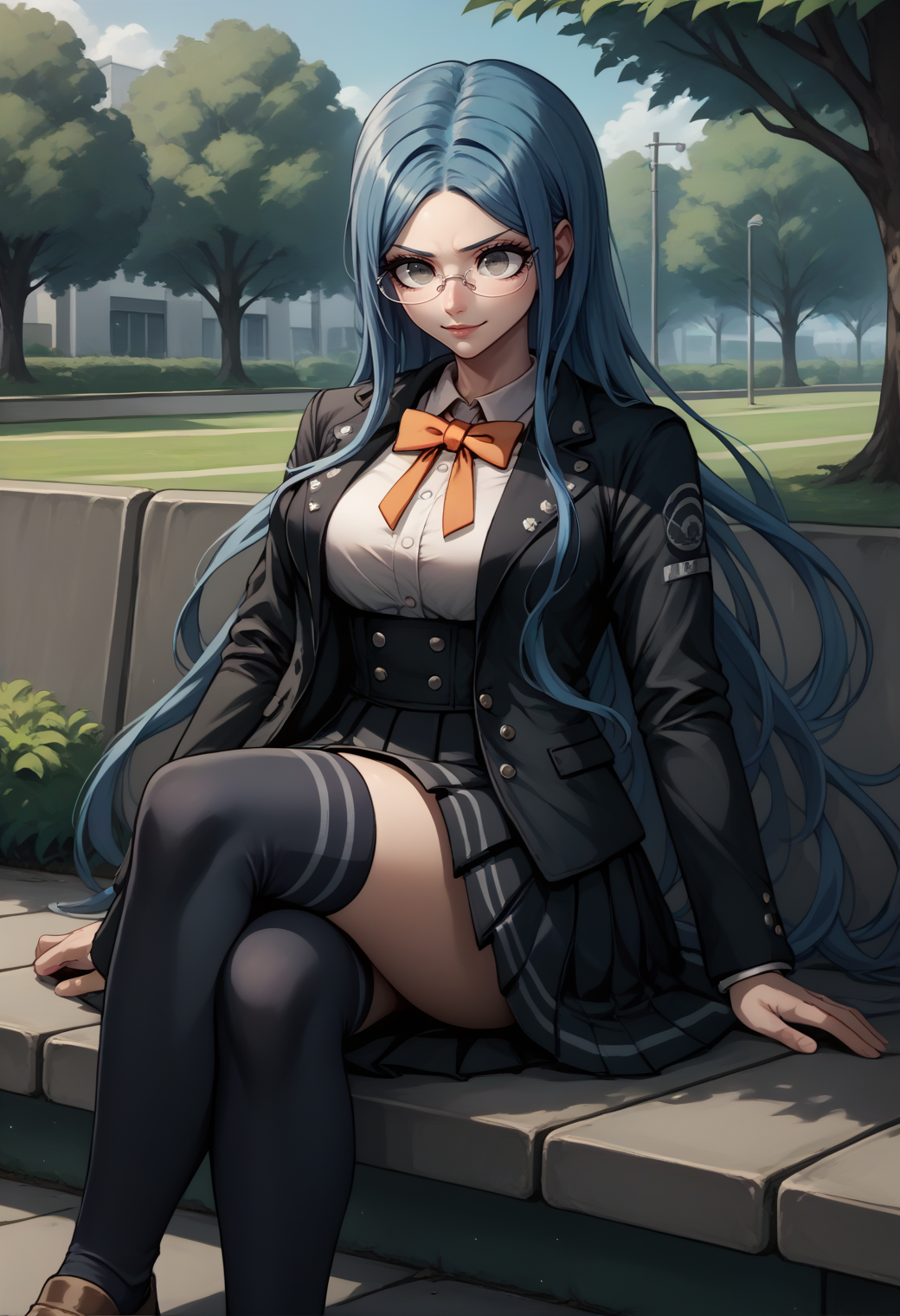 score_9, score_8_up, score_7_up, 1girl, sitting, smirk, crossed legs, <lora:TsumugiDR-pdxl:1> defTsu, long hair, grey eyes, blue hair, glasses, black jacket, open jacket, long sleeves, white shirt, collared shirt, large breasts, orange bowtie, high-waist skirt, black skirt, pleated skirt, thighs, kneehighs, black socks, brown footwear, outdoors, park