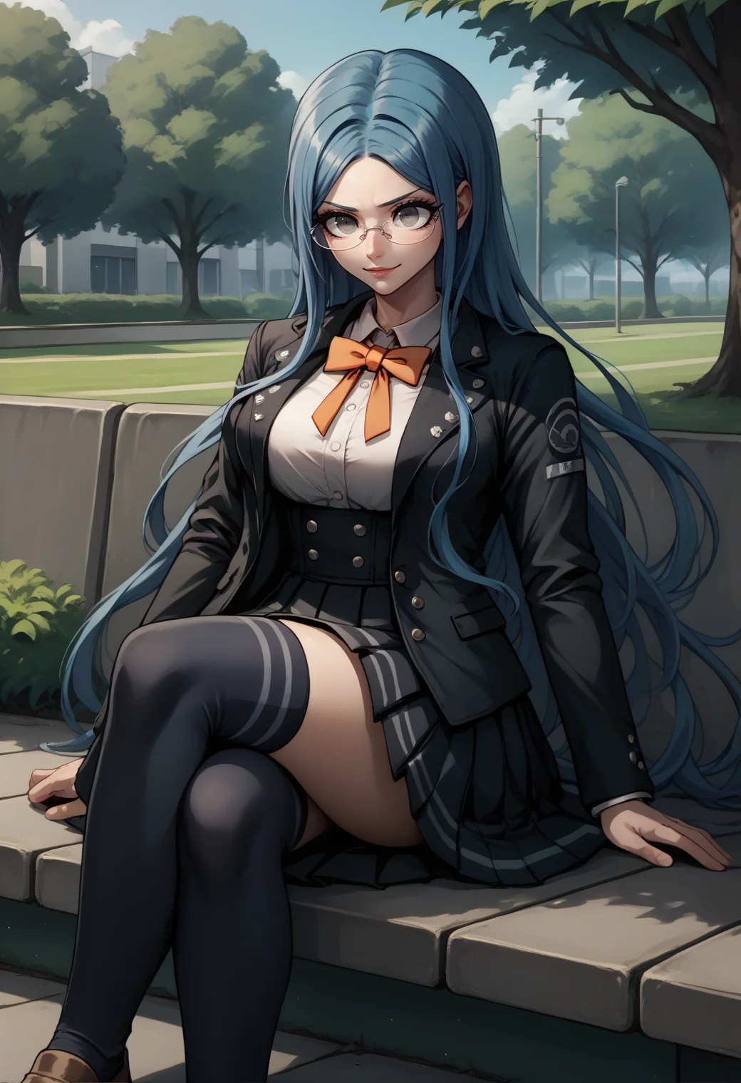 score_9, score_8_up, score_7_up, 1girl, sitting, smirk, crossed legs, <lora:TsumugiDR-pdxl:1> defTsu, long hair, grey eyes, blue hair, glasses, black jacket, open jacket, long sleeves, white shirt, collared shirt, large breasts, orange bowtie, high-waist skirt, black skirt, pleated skirt, thighs, kneehighs, black socks, brown footwear, outdoors, park