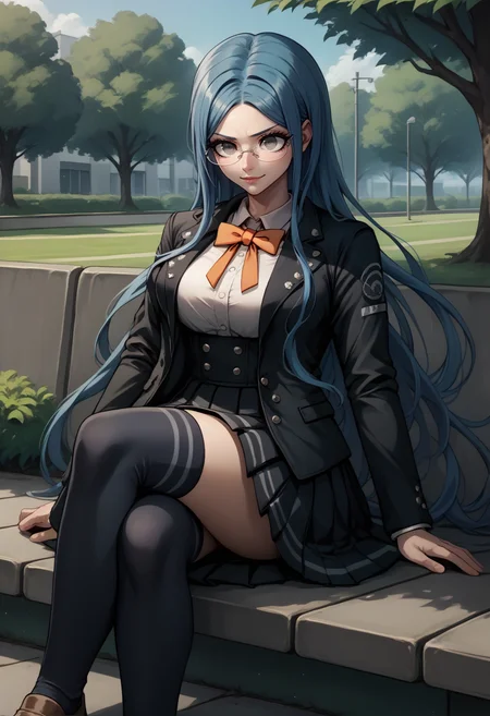 score_9, score_8_up, score_7_up, 1girl, sitting, smirk, crossed legs, <lora:TsumugiDR-pdxl:1> defTsu, long hair, grey eyes, blue hair, glasses, black jacket, open jacket, long sleeves, white shirt, collared shirt, large breasts, orange bowtie, high-waist skirt, black skirt, pleated skirt, thighs, kneehighs, black socks, brown footwear, outdoors, park
