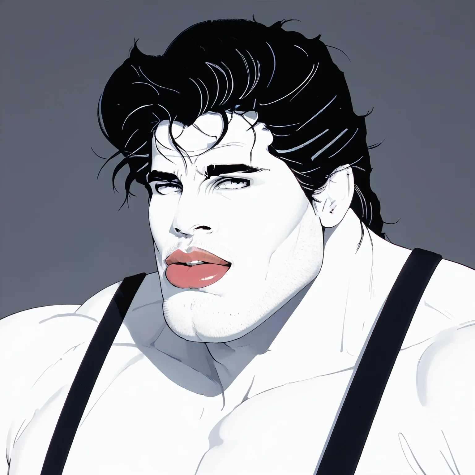 score_9, score_8_up, score_7_up, 1boy, best quality, highly detailed, ultra high quality, masterpiece, high res, heavy brow, wide jaw, brute face, male, hyper muscles, <lora:NAGEL:0.7>, portrait, 1980, 80's theme, hyper lips, massive huge trapezius, thick jaw, gay <lora:Brute_Face:0.57> <lora:80s_Flat_Vector_Fashion_Art:0.7> etpzzgl, white skin, flat color, vector art, 1980s vibes, 90s background