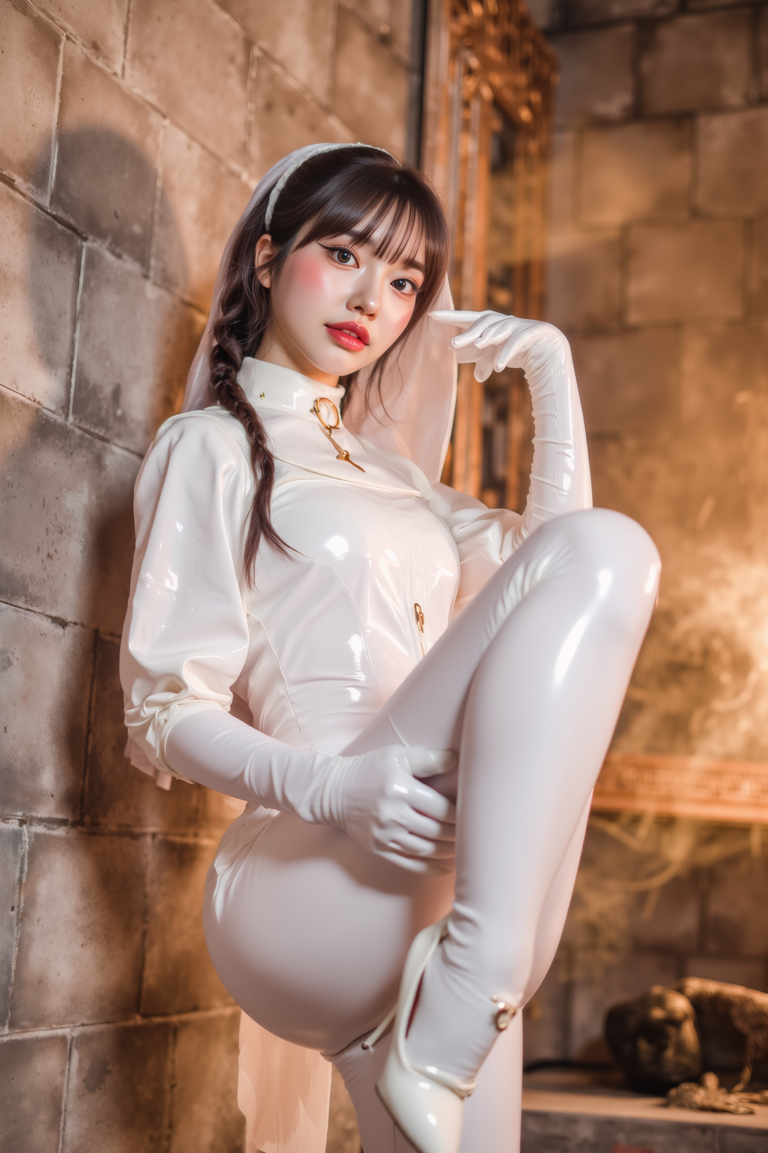 Professional high-resolution photograph featuring a young woman standing with her back slightly leaned against a clean, neutral-toned wall, one knee slightly bent, foot pressed softly against the wall. Her arms are relaxed at her sides or loosely folded, creating an effortlessly stylish yet composed pose. Gentle lighting emphasizes her elegant posture.

She is wearing a white SGWN78Clothing with white hair color and veil.. Her makeup is dramatic, with dark eyeliner and bold, glossy pink lips. 

The lighting features a high-contrast, monochromatic white color scheme that creates a moody, intimate atmosphere. 

The photography technique uses what appears to be soft lighting to create a glamorous effect, with careful attention to highlighting contours while maintaining the dominant light brown color scheme throughout the frame.

The overall aesthetic combines elements of fashion photography, traditional Asian visual motifs, and contemporary boudoir styling. The dramatic light brown lighting creates a cohesive visual theme that ties all elements of the composition together.

The white light emit on her to show her feature.