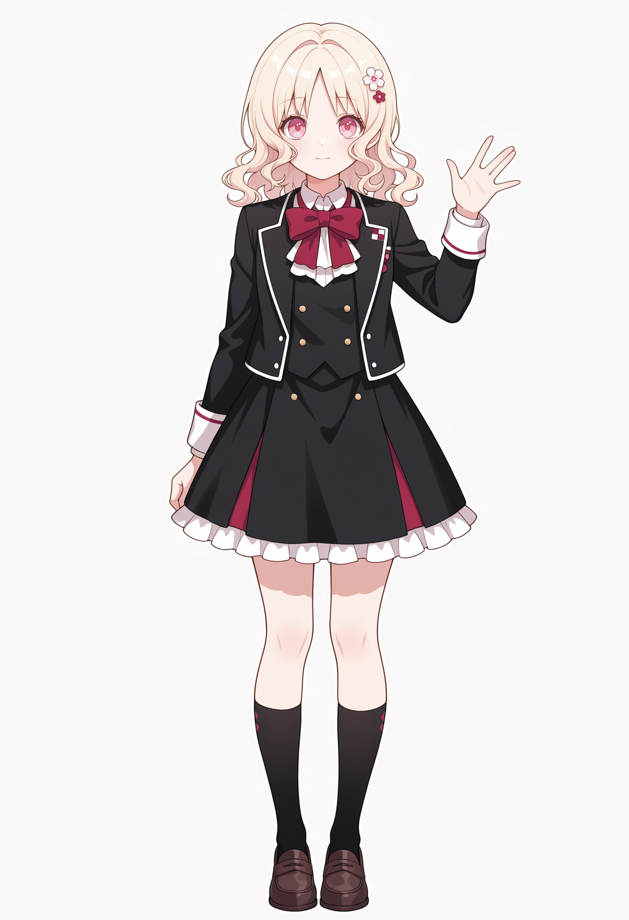 1girl,solo, pink eyes, blonde hair, wavy hair, hair flower,
black jacket, white shirt, collared shirt, red bowtie, black skirt, frilled skirt, black socks, loafers,full body, straight on, simple background, white ascot, light smile, waving, 
,masterpiece,best quality,amazing quality,
<lora:NoobV065sHyperDmd:.5> <lora:yui_komori_meipaws:1>