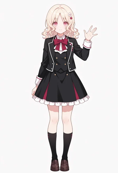 1girl,solo, pink eyes, blonde hair, wavy hair, hair flower,
black jacket, white shirt, collared shirt, red bowtie, black skirt, frilled skirt, black socks, loafers,full body, straight on, simple background, white ascot, light smile, waving,
,masterpiece,best quality,amazing quality,
<lora:NoobV065sHyperDmd:.5> <lora:yui_komori_meipaws:1>