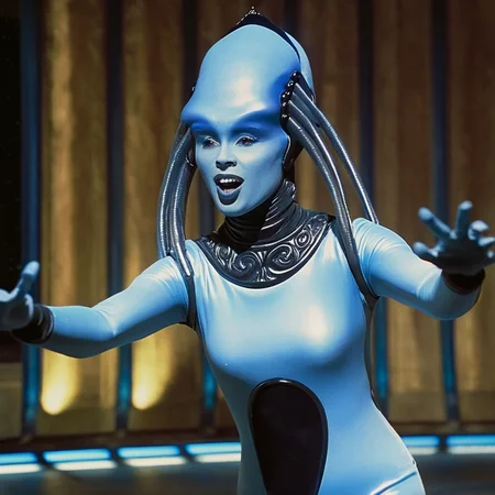 cinematic film still of <lora:detailed:0.5>
  <lora:perfection style:0.5>
<lora:Le Cinquieme Element style:0.5>
 <lora:Diva Plavalaguna :1>
Diva Plavalaguna In futuristic 2263 Diva a blue alien woman in a blue dress,1girl,solo,1boy,dress,male focus,colored skin,parody,outstretched arms,bug,blue skin , 23rd century, realistic, cinematic, film, movie, sci fi, science fiction, action film, The Fifth Element style, Le Cinquieme Element style, singing on theaterstage, operatic performer, shallow depth of field, vignette, highly detailed, high budget, bokeh, cinemascope, moody, epic, gorgeous, film grain, grainy