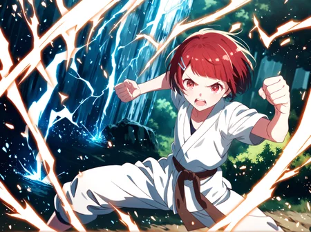 (masterpiece, best quality:1.2), amazing quality, very aesthetic, absurdres, perfect detail, anime screencap,
morning, forest, lake, waterfall, grass,
standing, fighting stance, legs apart, incoming punch, yellow aura, lightning, clenched hands, serious, open mouth, motion blur,
jigita, red hair, short hair, hairclip, white dougi, brown sash, collarbone, short sleeves,
<lora:XL_Anima4_gomaotsu-digitalis-t1:0.9>