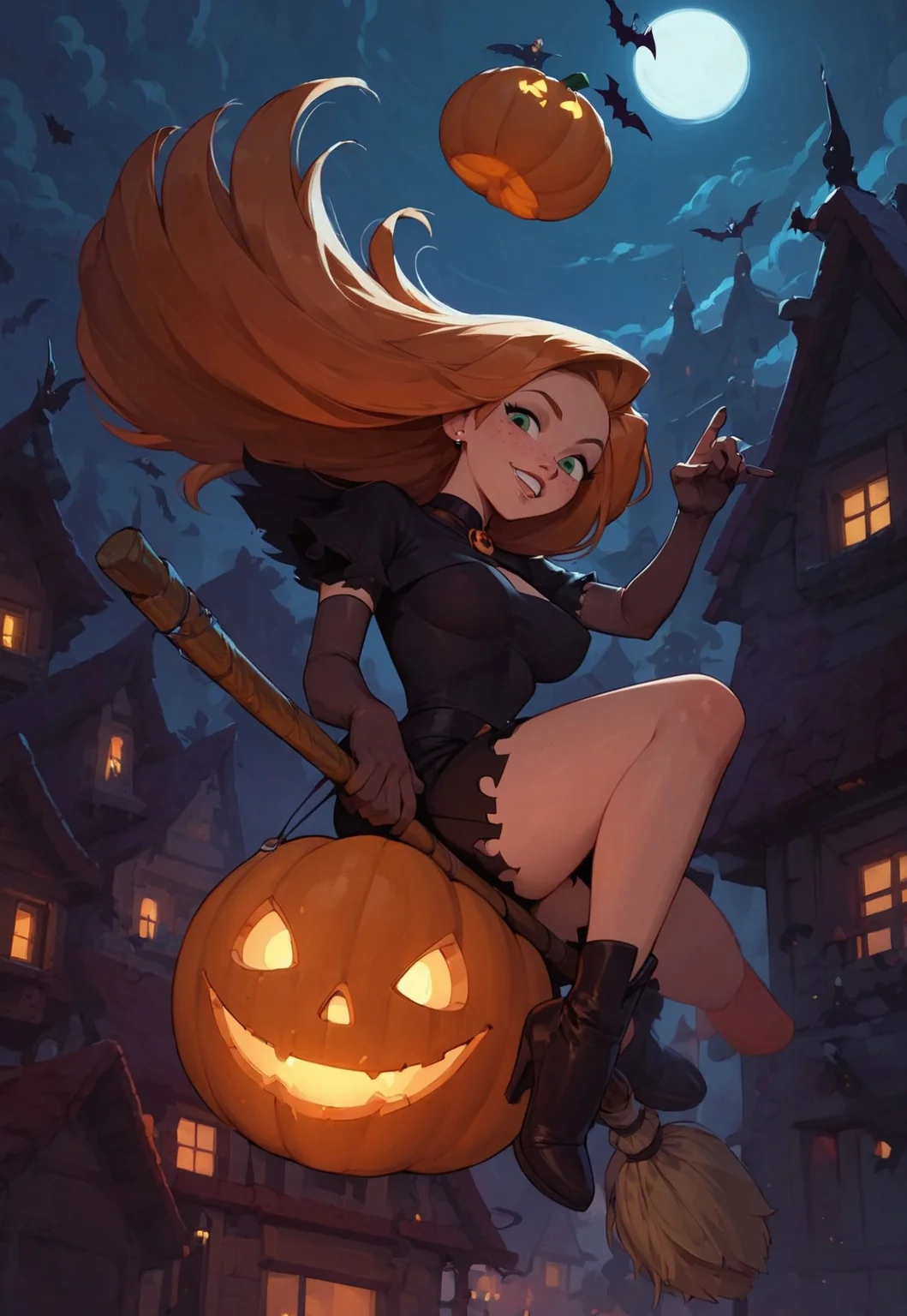 safe_pos, score_9, score_8_up, score_8_up, godrays, Halloween party, spooky, cute ghosts, costume, pumpkins, candles, Kim Possible, 30 years old, orange hair, witch, flying, on broom, black cat, freckles, sexy, witch outfit, party, pumpkins, jack-o'-lantern, dynamic angle, high angle