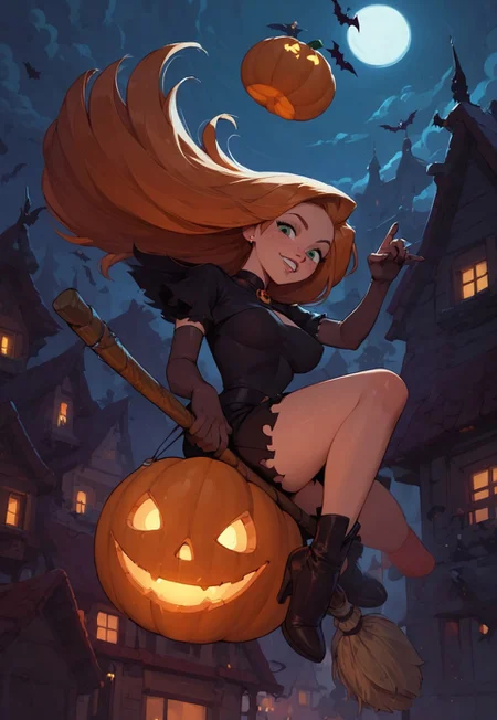 safe_pos, score_9, score_8_up, score_8_up, godrays, Halloween party, spooky, cute ghosts, costume, pumpkins, candles, Kim Possible, 30 years old, orange hair, witch, flying, on broom, black cat, freckles, sexy, witch outfit, party, pumpkins, jack-o'-lantern, dynamic angle, high angle