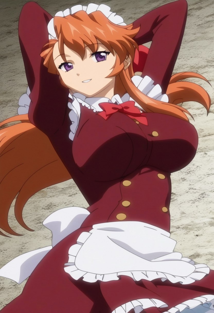 masterpiece, best quality, ultra-detailed, best illustration, best shadow, absurdres, detailed background, very aesthetic, highly detailed, highres, high quality, best quality, score_9, score_8_up, score_7_up, anime_source, source_anime, anime_screencap, looking at viewer, 1girl, solo, solo focus, looking at viewer, orange hair, long hair, hair ribbon, purple eyes, breasts, large breasts, pale, slim, curvy, voluptuous, burgundy maid dress, long sleeves, white ruffles, red bow tie, maid headpiece, sexy pose, hand behind head, seductive smile, parted lips, cafe background,